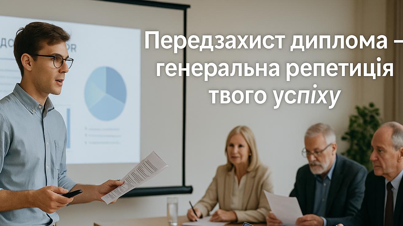 Передзахист дипломної роботи — студент готується до презентації, впевнено виступає перед комісією