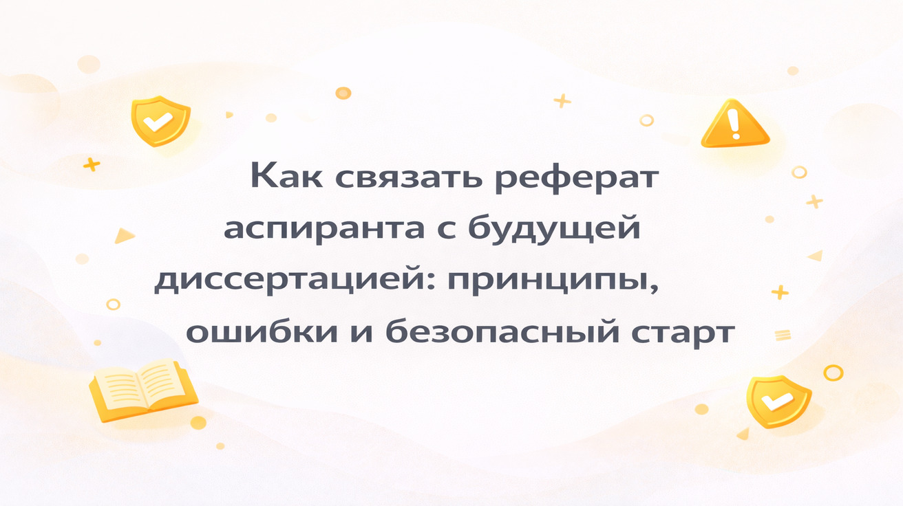 Как связать реферат аспиранта с будущей диссертацией: принципы, ошибки и безопасный старт — минималистичный образовательный постер