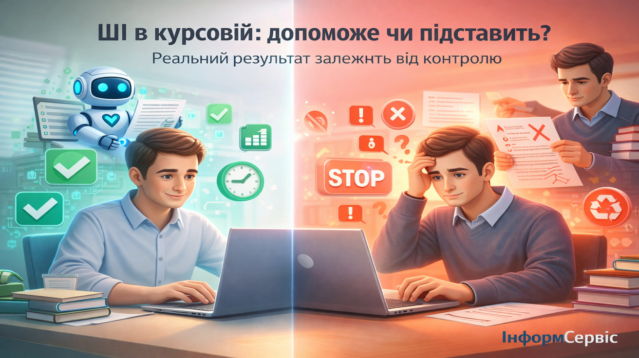 Фотореалістичне зображення студента за ноутбуком із ШІ: зліва — успішна робота з планом і дедлайнами, справа — помилки, зауваження викладача та ризик переробки курсової